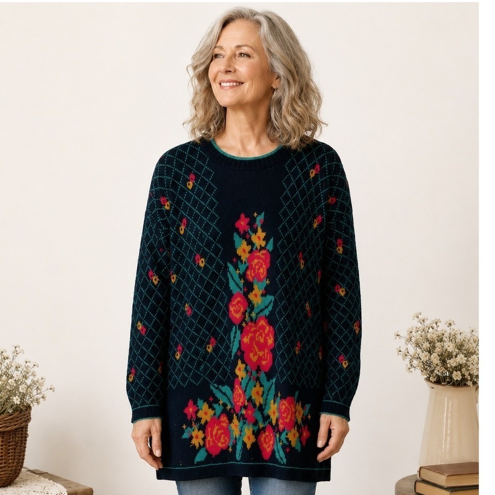 Vintage USA Sweater Knit Pullover Floral Tunic Long Multicolor L Granny Y2K 90s